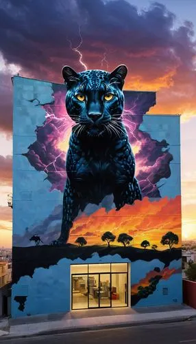 ((Linda mulher com óculos num lindo lugar numa pose sensual, pintada num mural de um prédio)). Sunset and lightning with lots of black leopard.This transformation is captured in high-definition. depic