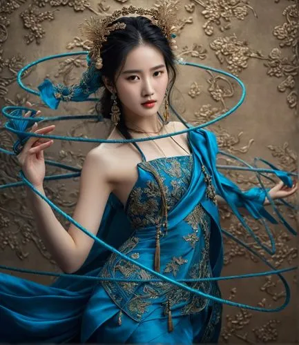 刘亦菲，蓝色丝线,a beautiful asian woman in a blue dress,yifei,qiong,blue enchantress,hanbok,hanqiong,hyang,Photography,General,Fantasy