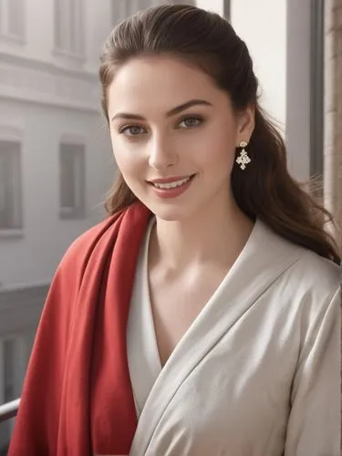 A South European queen stands tall and proud on a balcony, her red-shouldered robe shining proudly in the rising sun.  The robe is decorated with gold.,letizia,sarikaya,padme,anastasiadis,karavaeva,io