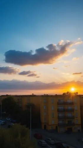 a beautiful sunset over a el complex in a city,summerlin,majadahonda,ahwatukee,arganda,vilamoura,sahuarita,fuenlabrada,tilt shift,valdemoro,getafe,greenspun,crepuscule,unset,alcobendas,vignetting,even