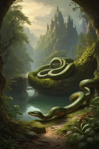 fantasy landscape,green snake,swampy landscape,fantasy picture,serpentine,mountain spring,serpent,anaconda,patrol,green tree snake,aaa,crescent spring,hobbiton,burmese python,elven forest,water snake,smooth greensnake,fantasy art,the mystical path,druid grove,Art,Classical Oil Painting,Classical Oil Painting 10