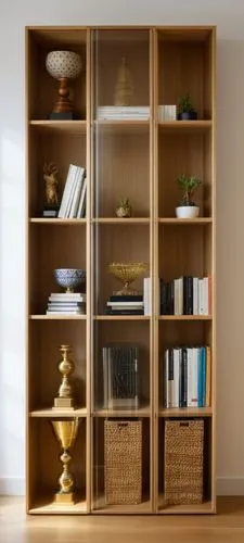 Photorealistic image of a natural oak bookshelf, left section with open shelves, right two sections enclosed with glass doors, displaying various awards (mix of gold, silver, and colorful ones) on she