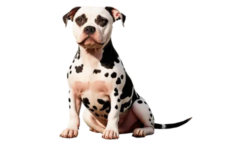 Spotted Pitbull breed, muscular dog, strong build, short coat, white base color, black spots, wrinkled face, scowling expression, cropped ears, docked tail, sitting pose, paws together, outdoor settin