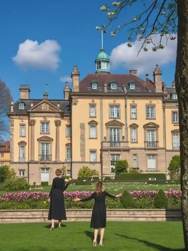 In the background you can see the majestic Württemberg Royal Palace in the heart of Stuttgart, a symbol of Württemberg's rich history. The air is filled with the scent of flowers in bloom. A girl in a