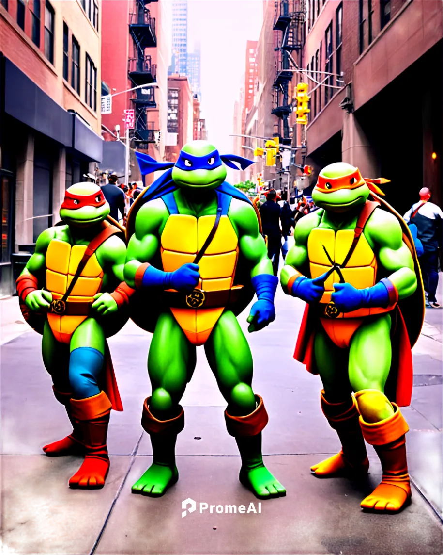 TMNT, cartoon style, teenage mutant ninja turtles, Leonardo, Donatello, Raphael, Michelangelo, colorful costumes, masks, ninja gear, dynamic poses, action scenes, city streets, sewers, New York City, 