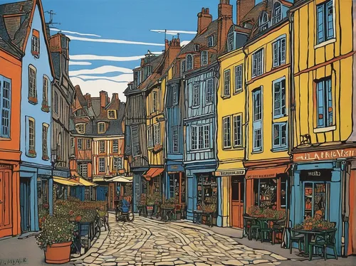 honfleur,the cobbled streets,montmartre,colmar,amiens,france,david bates,rouen,moret-sur-loing,reims,amboise,houses clipart,normandy,french digital background,colmar city,toulouse,aix-en-provence,medieval street,strasbourg,belgium,Illustration,Black and White,Black and White 20