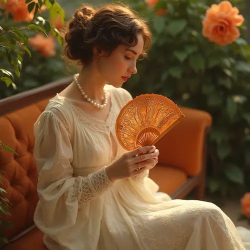 fanning,orange rose,vintage woman,doily,orange blossom,edwardian,victorian lady,doilies,vintage women,vintage dress,vintage flowers,orange roses,milliner,parasol,perugini,perfumer,habanera,rosaline,vintage girl,art deco woman,Photography,General,Realistic