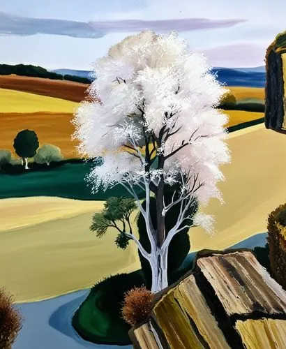 make autom ,a painting on a board with trees next to a river,painted tree,snow tree,rural landscape,willumsen,farm landscape,agricultural scene