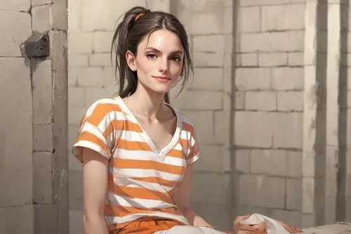 prisoner,detention,the girl in the bathtub,girl sitting,horizontal stripes,woman sitting,prison,clementine,orange,croft,tied up,the girl in nightie,torn dress,lara,pajamas,striped background,3d rendered,handcuffed,realdoll,depressed woman,Digital Art,Comic