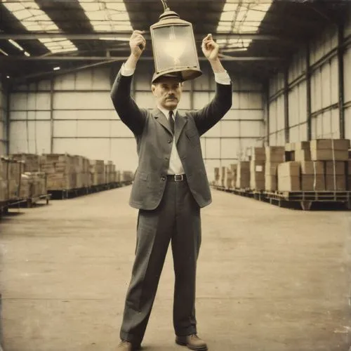 I need a railway worker from the 1960s, one hand raised holding a lamp.,man in suit and tie holding up a large lamp in a warehouse,warehouseman,industrialist,billingsgate,milkman,dustman,warehousemen,