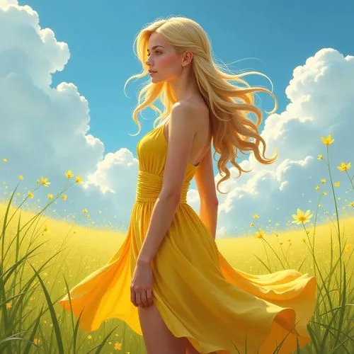 rapunzel,eilonwy,galadriel,yellow grass,yellow background,margairaz,Conceptual Art,Fantasy,Fantasy 04