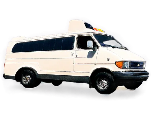 White 15-passenger van, front-facing, 3/4 composition, daytime, shiny metallic paint, chrome door handles, tinted windows, alloy wheels, low-angle shot, slight reflection on hood, soft natural light, 