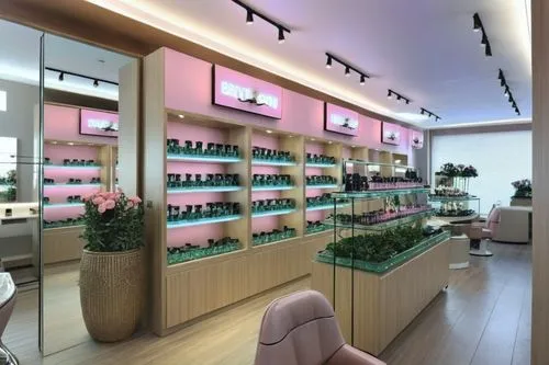 well-stocked luxury makeup store interior of beauty salon pleasant atmosphere excellent luxury lighting delicious aroma in it counters with shadows and makeup, mirrors with lights and hairdressing cha