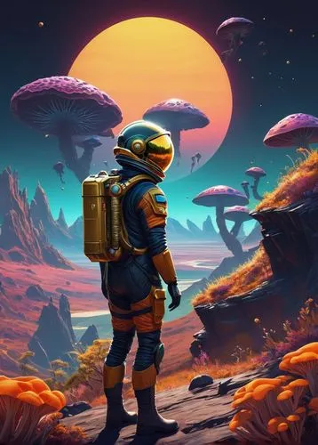 Alien planet, No Man's Sky, futuristic astronaut, helmet with gold visor, oxygen tank on back, worn leather gloves, dusty boots, standing on rocky cliff, vast xenobiological landscape, foreign flora, 