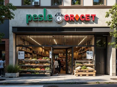 Deconstructed grocery store facade, fragmented forms, irregular shapes, distressed finishes, industrial materials, exposed ductwork, metal grids, concrete walls, bold typography, neon signage, vibrant