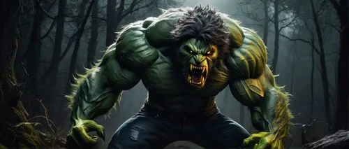 Werewolf, Hulk-like muscular body, green skin tone, sharp claws, glowing yellow eyes, messy brown hair, ripped black jeans, torn white shirt, full moon, dark forest, misty atmosphere, intense growling