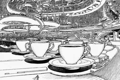 teacups,tea cups,saucer,tea service,cup and saucer,coffee tea illustration,teapots,tea set,teacup,tureen,coffee tea drawing,consommé cup,dishware,orrery,ufo interior,airships,tea cup,singingbowls,chamber pot,teapot,Illustration,Black and White,Black and White 17