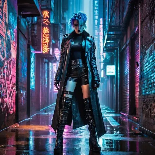 Cyberpunk character, neon-lit cityscape, rainy night, 3/4 composition, detailed futuristic armor, glowing blue circuits, metallic limbs, augmented reality visor, punk rock hairstyle, bold eyeliner, pa