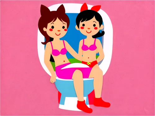 Cute cartoon character, pooping action, toilet seat, pink underwear, small legs, tiny feet, sitting posture, funny facial expression, bright colors, soft shading, humorous composition, morning sunligh