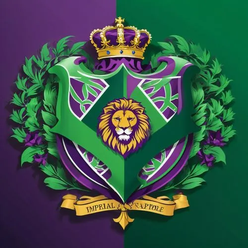 Armoiries impériales de type napoléonien en sautoir, mélangeant couleur vert et pourpre avec d'un côté un Lion, de l'autre un aigle. ,purple and green background with gold accents with a crest, crown 