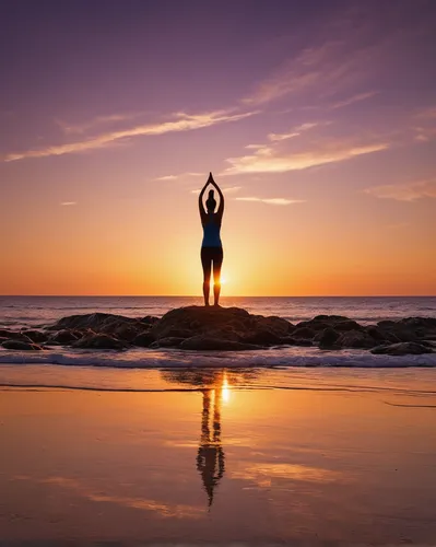 Write a calming and peaceful scene with a sun salutation by the beach.,yoga silhouette,sun salutation,surya namaste,half lotus tree pose,yoga day,meditate,qi gong,inner peace,energy healing,self hypno