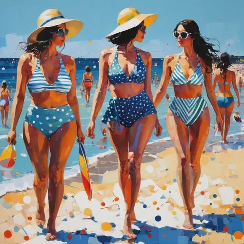 summer beach umbrellas,beachgoers,burkinabes,bathers,meninas,beach goers,Conceptual Art,Oil color,Oil Color 07