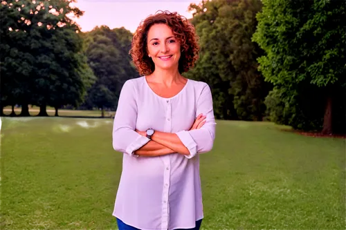 Middle-aged woman, mom, casual wear, smiling face, gentle eyes, soft curly brown hair, light makeup, relaxed posture, arms crossed, standing in a park, natural scenery, warm lighting, 3/4 composition,