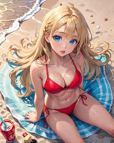 young adult woman. red bikini.
lying on a beach, hot and moist weather. 
long blonde wavy hair, blue eyes, red lips, tan skin.
big breasts, wide hips, fit body. 
holding a soda, visible cleavage. swea