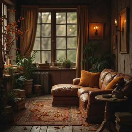 brown color, earth tone, warm atmosphere, wooden texture, natural scenery, vintage furniture, leather sofa, rustic interior design, cozy living room, autumn leaves, forest floor, tree trunks, worn-out