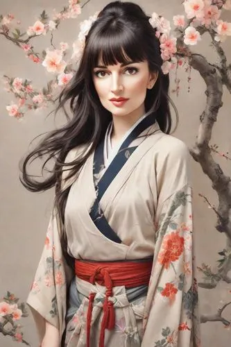 geisha girl,geisha,japanese floral background,japanese woman,kimono,geiko,Photography,Realistic