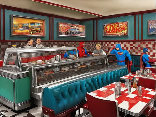 retro diner,diner,fast food restaurant,soda fountain,new york restaurant,drive in restaurant,red robin,star kitchen,soda shop,pizzeria,3d rendering,fifties,chefs kitchen,atlantic grill,restaurants,3d render,big kitchen,pizza supplier,fast-food,a restaurant,Art,Classical Oil Painting,Classical Oil Painting 04