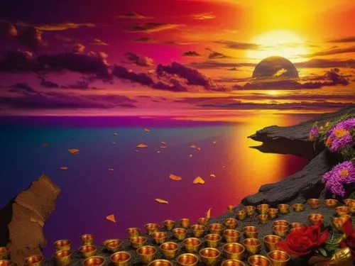 Elegant Fantasy of Shiva,there is a display with several candles near the water,flower in sunset,sea of flowers,splendor of flowers,flower background,flowers png,3d background,Photography,Artistic Pho