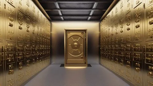 an open safe room with large golden doors,gold wall,vault,gold bullion,mailrooms,mailroom,mailboxes