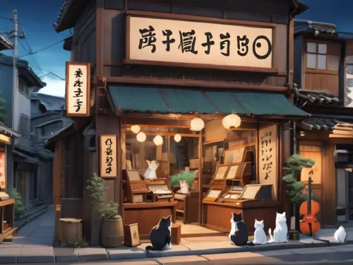 uma loja com gatinhos se mexendo  e andando ,cats sit in front of a store front,izakaya,rakugo,japanese restaurant,watercolor tea shop,teahouses,kumashiro