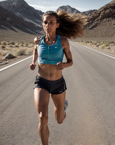  ela corre sozinha na estrada, sem se preocupar com nada, seu espirito está livre e focado na corridam o vento acaricia seu rosto, ela sobe a velocidade incrivel

,female runner,sprint woman,middle-di