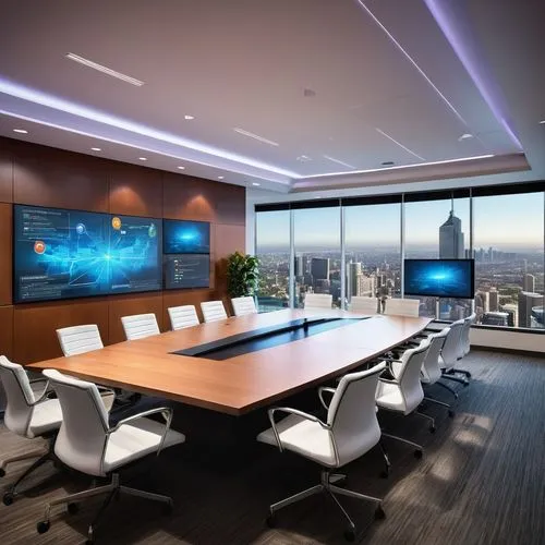 Cisco unified communications architecture, modern conference room, sleek wooden table, ergonomic chairs, large screen display, HD video conferencing, multiple laptops, tablets, and smartphones, comple