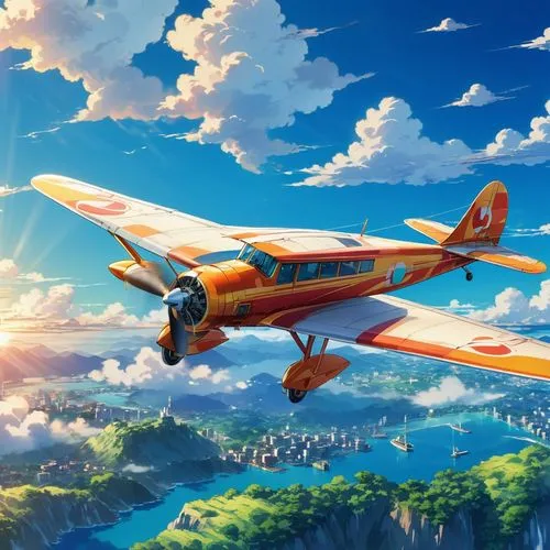 A commercial plane from the 1930s, flying with a beautiful view.,talespin,biplane,heliborne,monoplane,skyvan,stearman,cartoon video game background,skymaster,monocoupe,biplanes,seaplane,aerocar,bellan