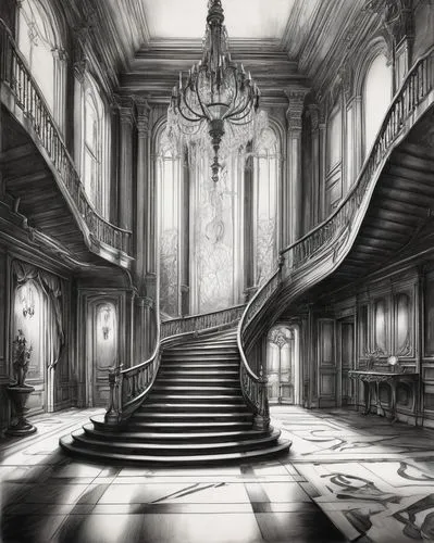 piranesi,staircase,vicomte,imperialis,ornate room,hall of the fallen,staircases,winding staircase,dreamfall,backgrounds,upstairs,empty interior,cantarella,the threshold of the house,luxury decay,stairways,cochere,castle of the corvin,baskerville,victoriana,Illustration,Black and White,Black and White 30