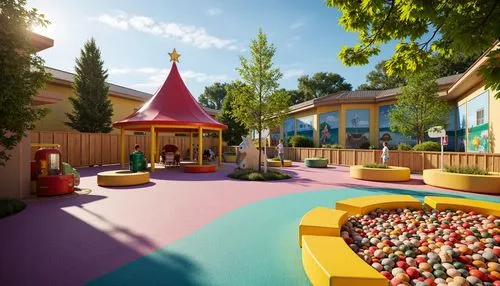 Vibrant kindergarten playground, colorful play structures, soft rubber flooring, imaginative climbing frames, interactive musical instruments, sensory play areas, textured ball pits, educational signa