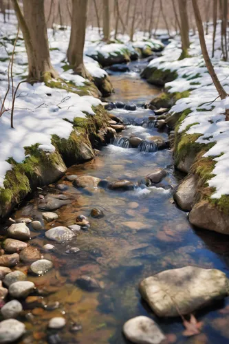 mountain stream,flowing creek,stream bed,clear stream,mountain spring,streams,snow bridge,the brook,watercourse,flowing water,brook landscape,mountain river,white springs,frozen water,tributary,spring water,stream,rushing water,northern hardwood forest,water flowing,Unique,3D,Panoramic