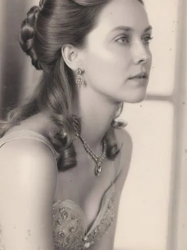 Black and white image of Her Serene Highness Wilhelmine, Princess of Upflamör.,a woman wearing a formal dress posing with her hair in a high bun,feldshuh,vintage female portrait,vintage woman,vintage 