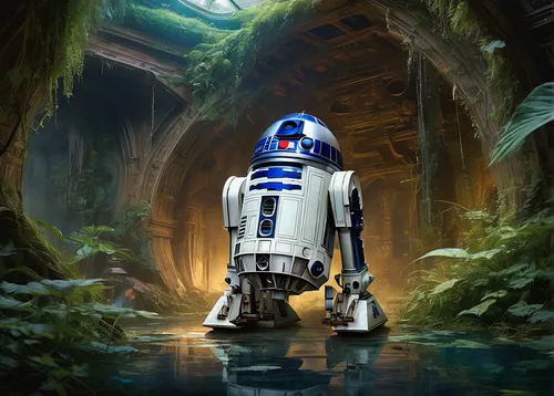 Imagine R2D2 exploring a haunted spaceship. Describe the spooky atmosphere and its encounter with strange beings.,r2-d2,r2d2,droid,droids,bb8-droid,cg artwork,digital compositing,starwars,star wars,bb