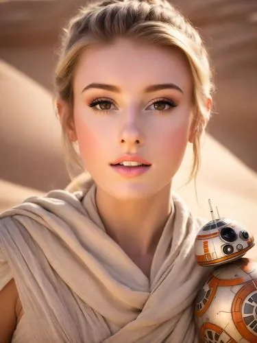 a beautiful blonde Star Wars lady dressed as Rey in the deserts of Tatooine with BB8 with a giant crashed spaceship behind her, facing the camera, cinematic, dramatic lighting, 4k,princess leia,bb8,bb