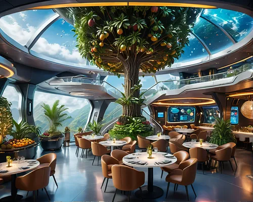 floating restaurant,oasis of seas,cruise ship,sea fantasy,sky space concept,ufo interior,fine dining restaurant,aquarium decor,futuristic architecture,revolving,luxury yacht,floating islands,yacht exterior,futuristic landscape,alien ship,spaceship space,floating island,flying saucer,restaurant bern,saranka,Photography,General,Natural