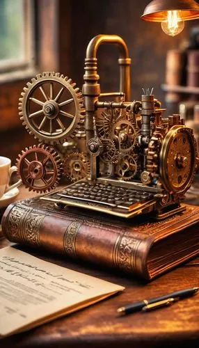 steampunk gears,watchmaker,clockmaker,scientific instrument,steampunk,writing desk,steam engine,book antique,old calculating machine,writing accessories,writing instrument accessory,writing or drawing device,antiquariat,writing-book,notary,writing implements,authorship,writing implement,mechanical watch,craftsman,Illustration,Realistic Fantasy,Realistic Fantasy 13