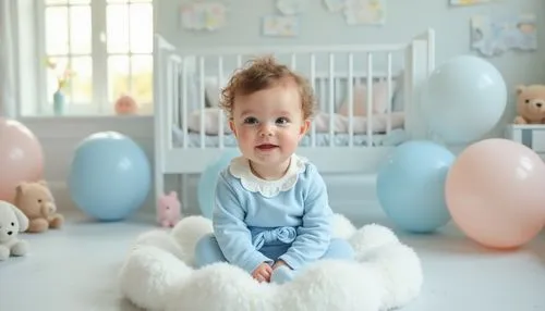 Trendy baby, blue color, sweet innocent face, rosy cheeks, tiny nose, bright curious eyes, soft curly hair, gentle smile, onesie with white collar, blue ribbon tied at waist, sitting on a fluffy cloud