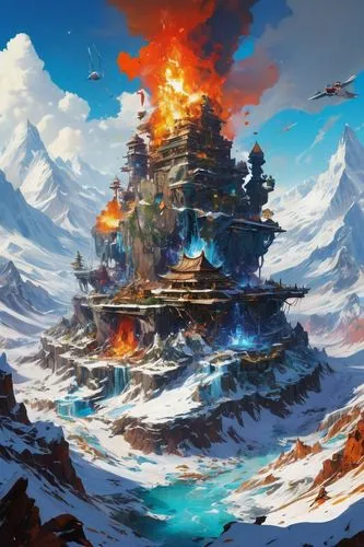 fire mountain,fantasy landscape,icewind,pyre,mountain settlement,mountain world,snow mountain,volcanic landscape,snow mountains,northrend,firelands,hyperborea,mountain scene,fire background,metavolcanic,fantasy picture,krafla volcano,mountain landscape,kinkade,coldfire