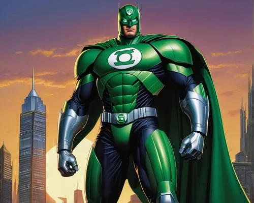 Optimus Prime, Green Lantern, muscular male, strong facial features, short blonde hair, green power ring, green lantern symbol on chest, metallic green armor, flowing cape, confident standing pose, he