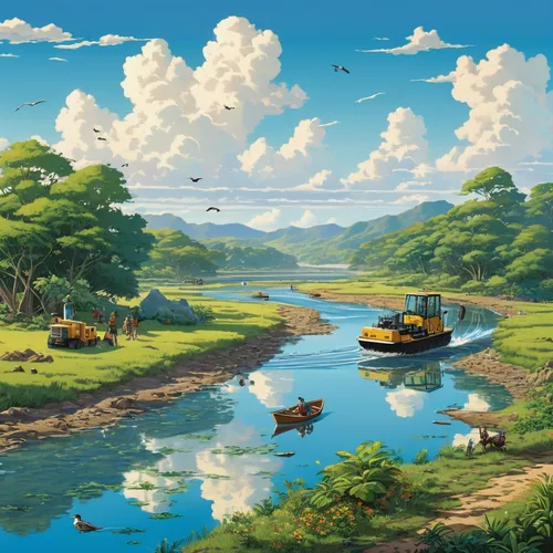 boat landscape,river landscape,an island far away landscape,studio ghibli,landscape background,fantasy landscape,idyllic,floating islands,coastal landscape,rural landscape,archipelago,fishing float,world digital painting,nature landscape,picnic boat,high landscape,panoramic landscape,isle,boats,landscape,Illustration,Children,Children 02