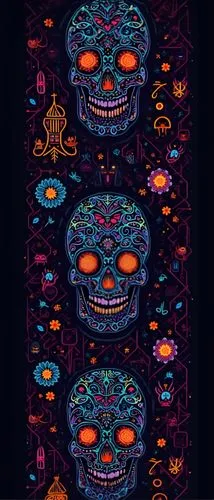 a painting of two colorful skulls with bright eyes,sugar skull,day of the dead icons,day of the dead frame,sugar skulls,neon ghosts,day of the dead